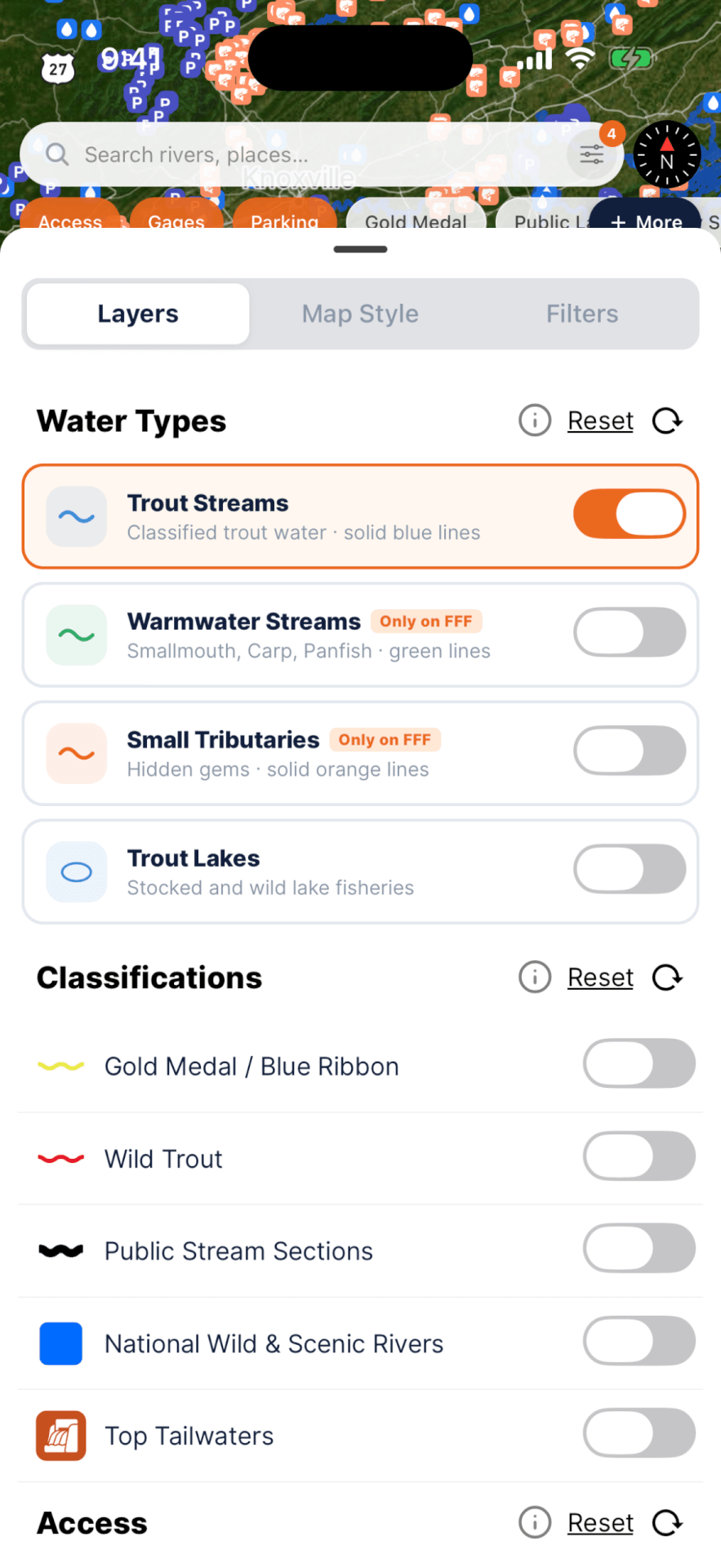 FlyFishFinder map layers: trout, warmwater, and small tributaries, plus gold medal and blue ribbon classifications